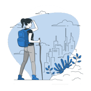 Person with backpack and walking stick overlooks a scenic view