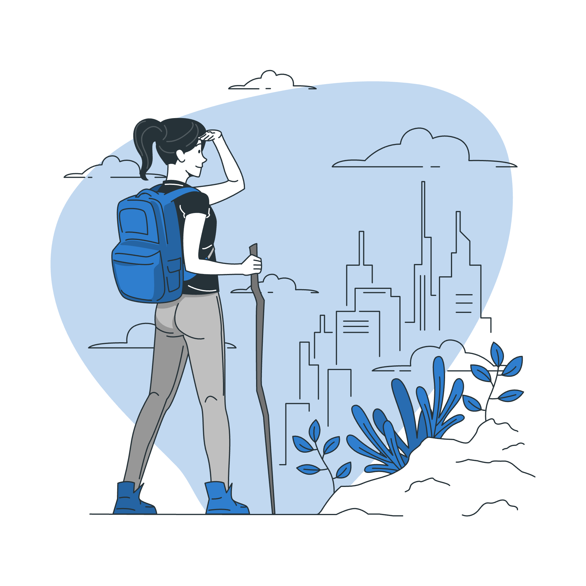 Person with backpack and walking stick overlooks a scenic view