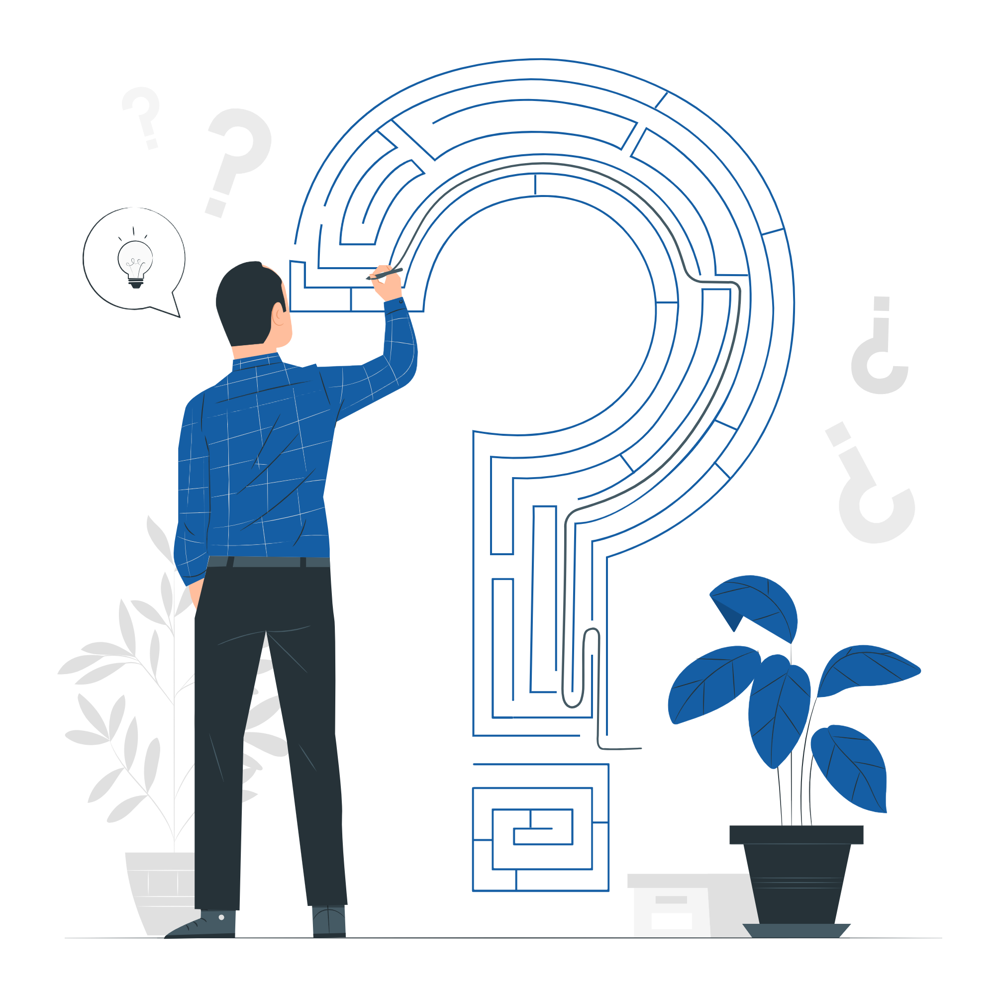 Man standing and drawing a question mark with a plant on the side