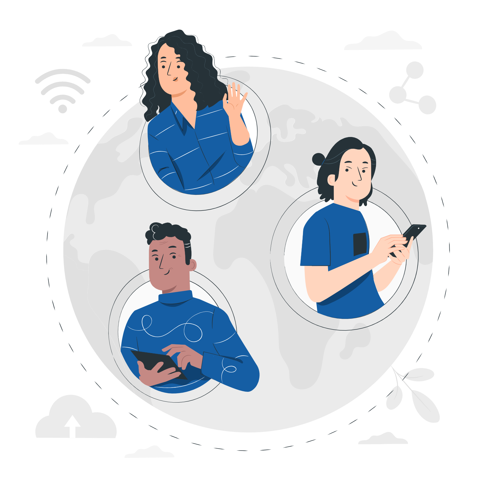 Image of three people situated around a blog but still connecting via devices