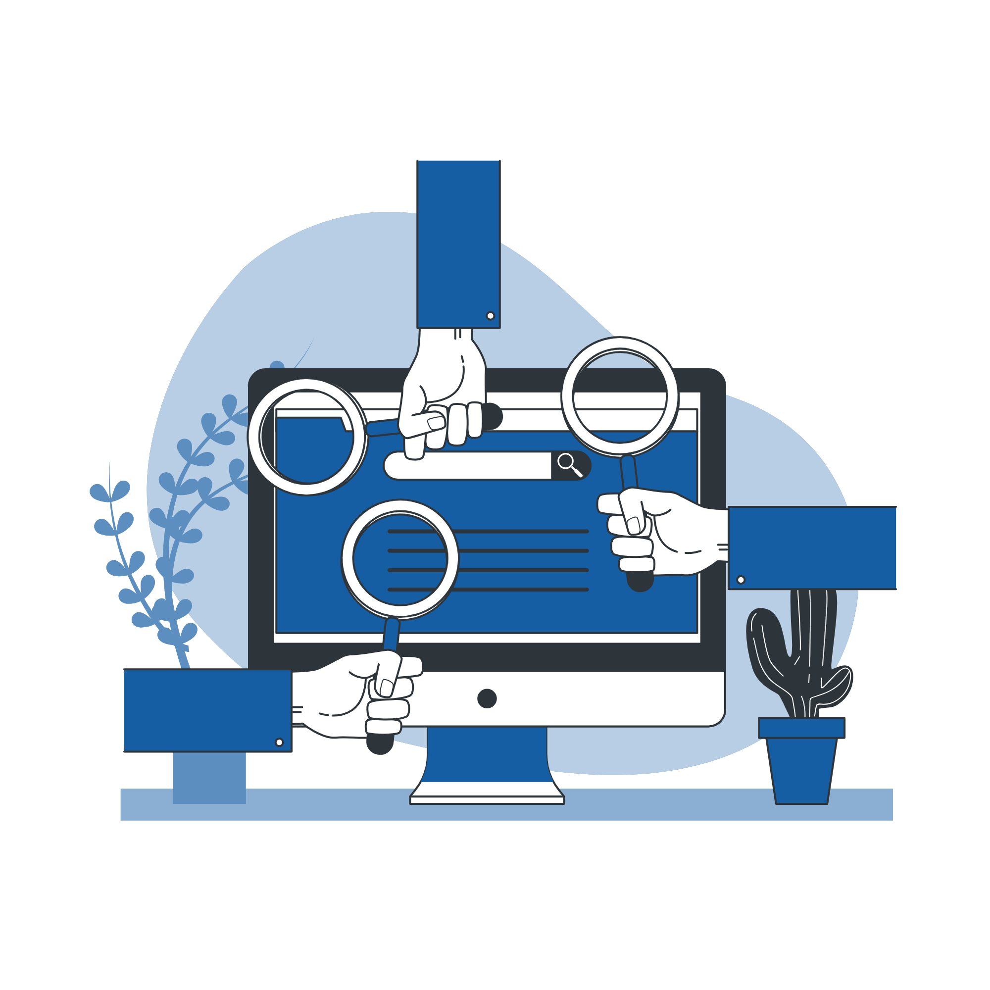 three arms and hands with magnifying glasses looking at computer screen to identify issues