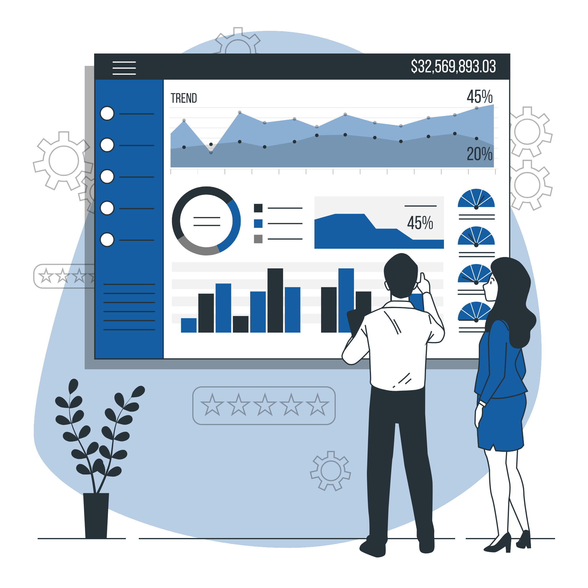 Man and woman stand in front of screen looking at charts and graphs showing trends and results