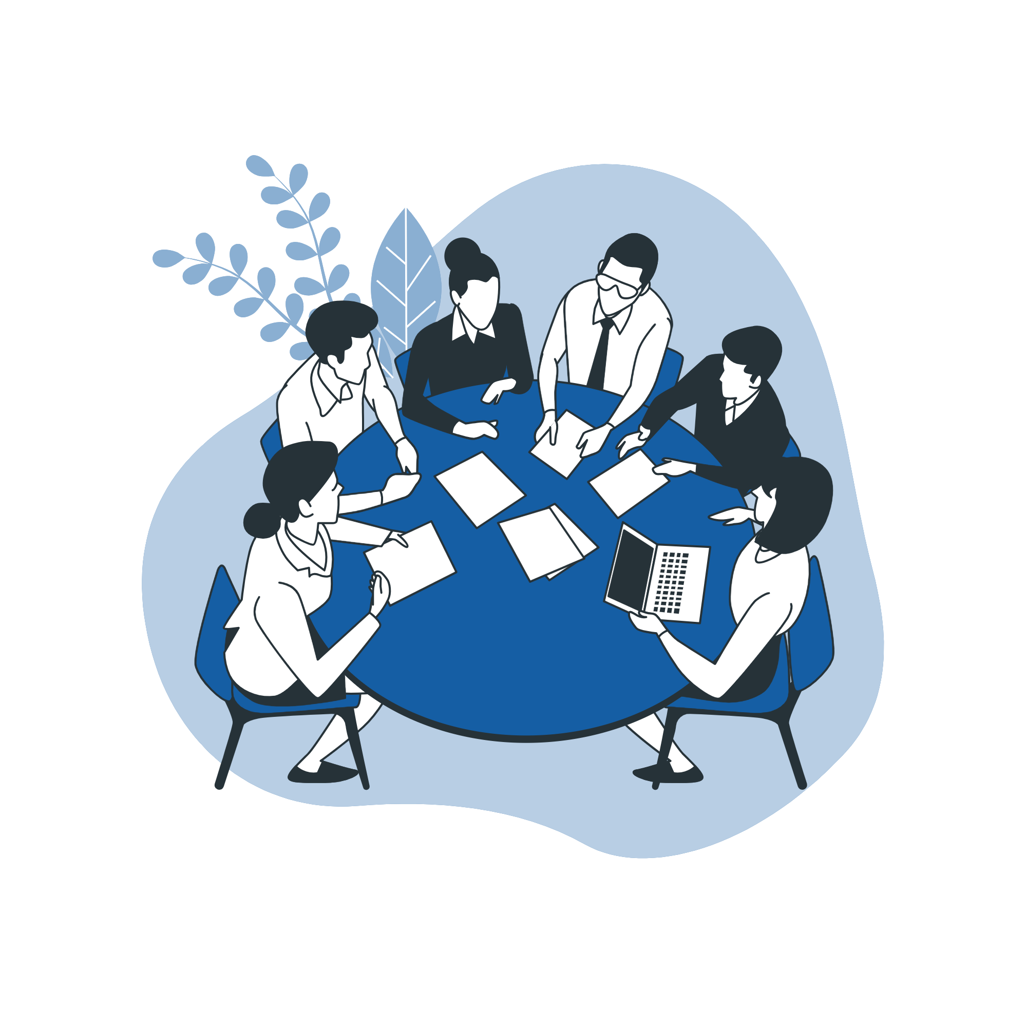6 people sitting around a table having a meeting