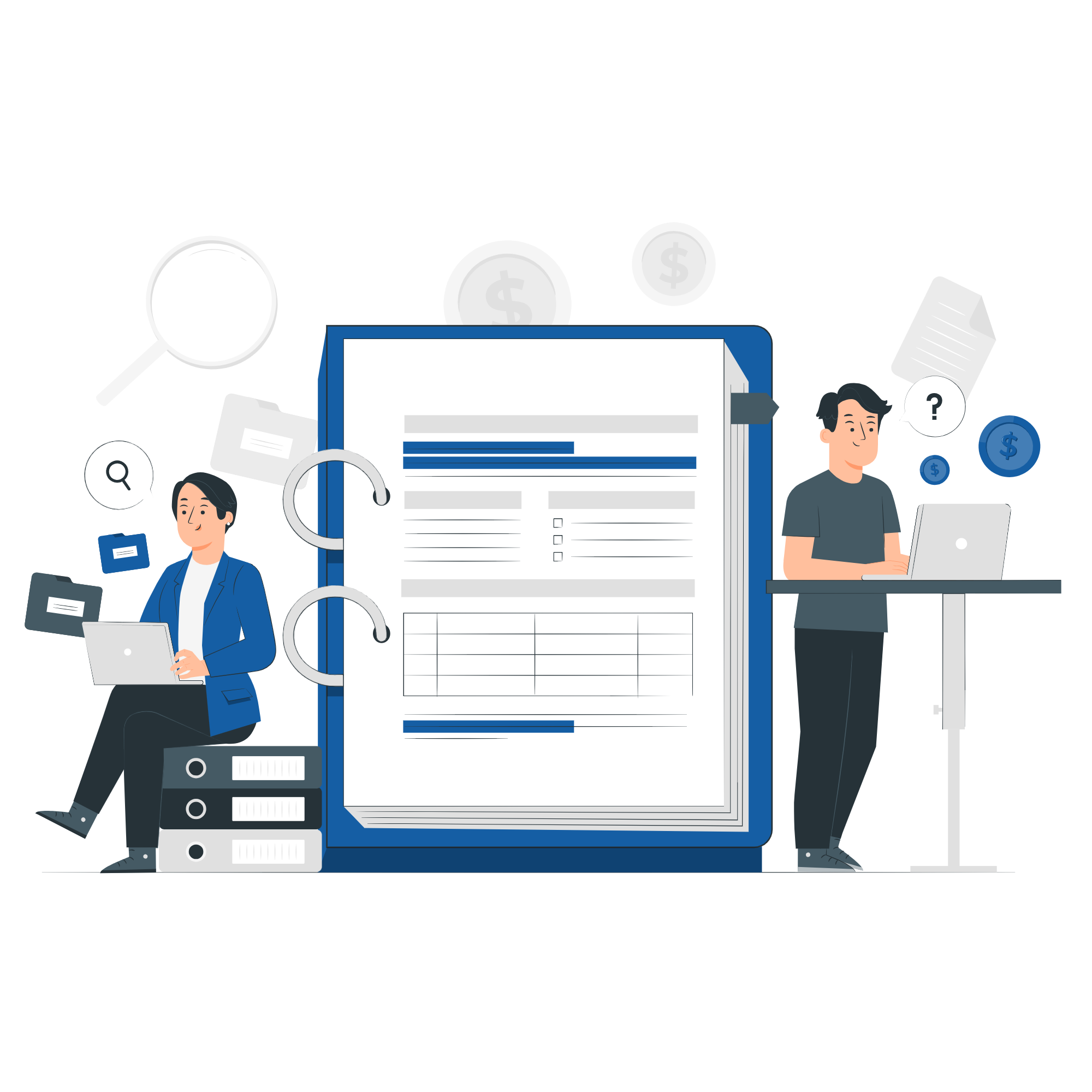 One person sitting looking at computer, other person standing looking at computer on tall table and binder with document in between them